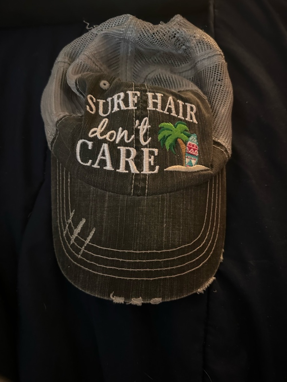 Beachy “Surf Hair Don’t Care” Gray and Silver Mesh & Denim Baseball? Trucker Hat